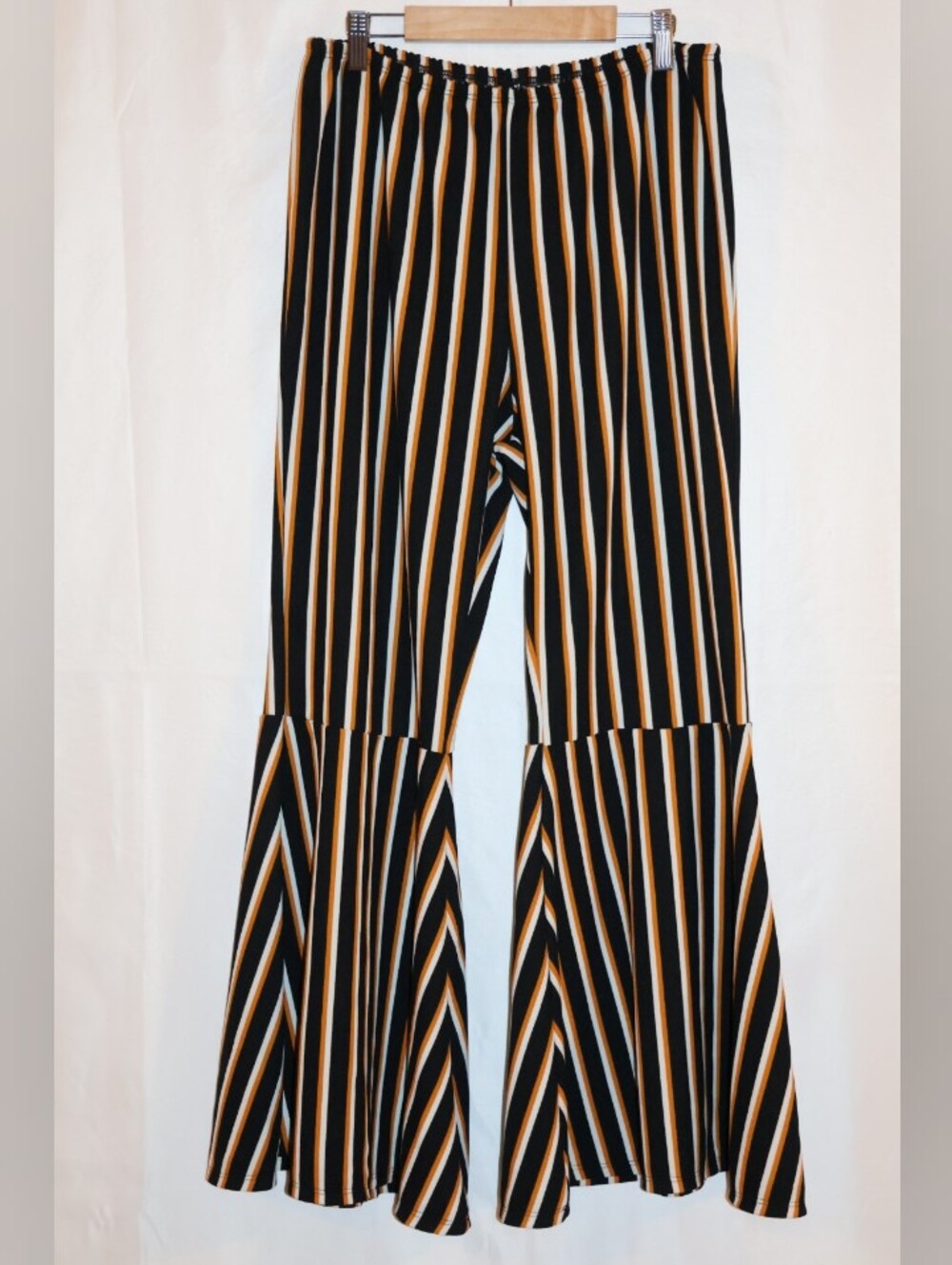 Vintage Vamp Retro Black, Orange, & White Vertical Striped Flare Pants.